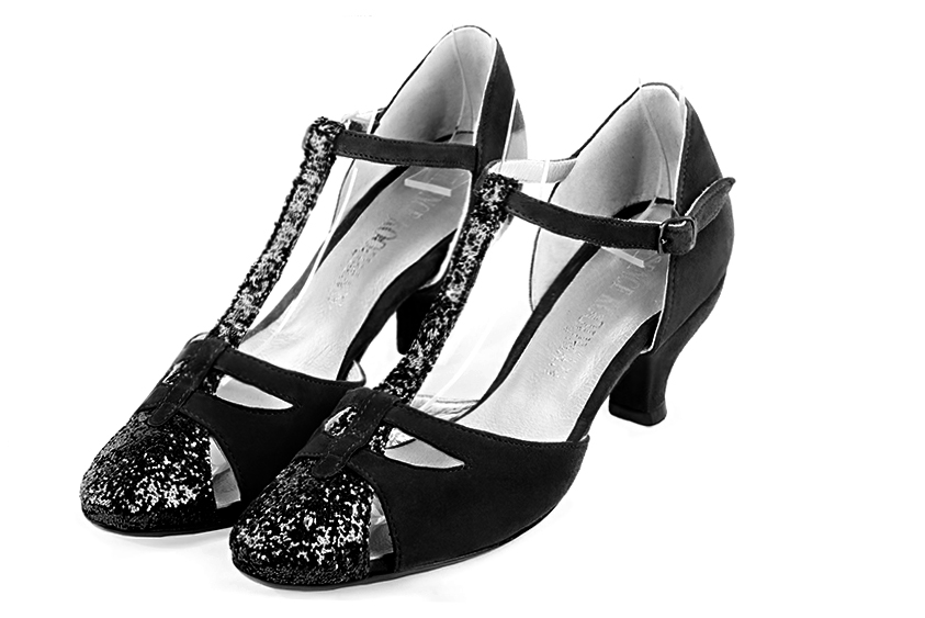 Gloss black women's T-strap open side shoes. Round toe. Medium spool heels. Front view - Florence KOOIJMAN